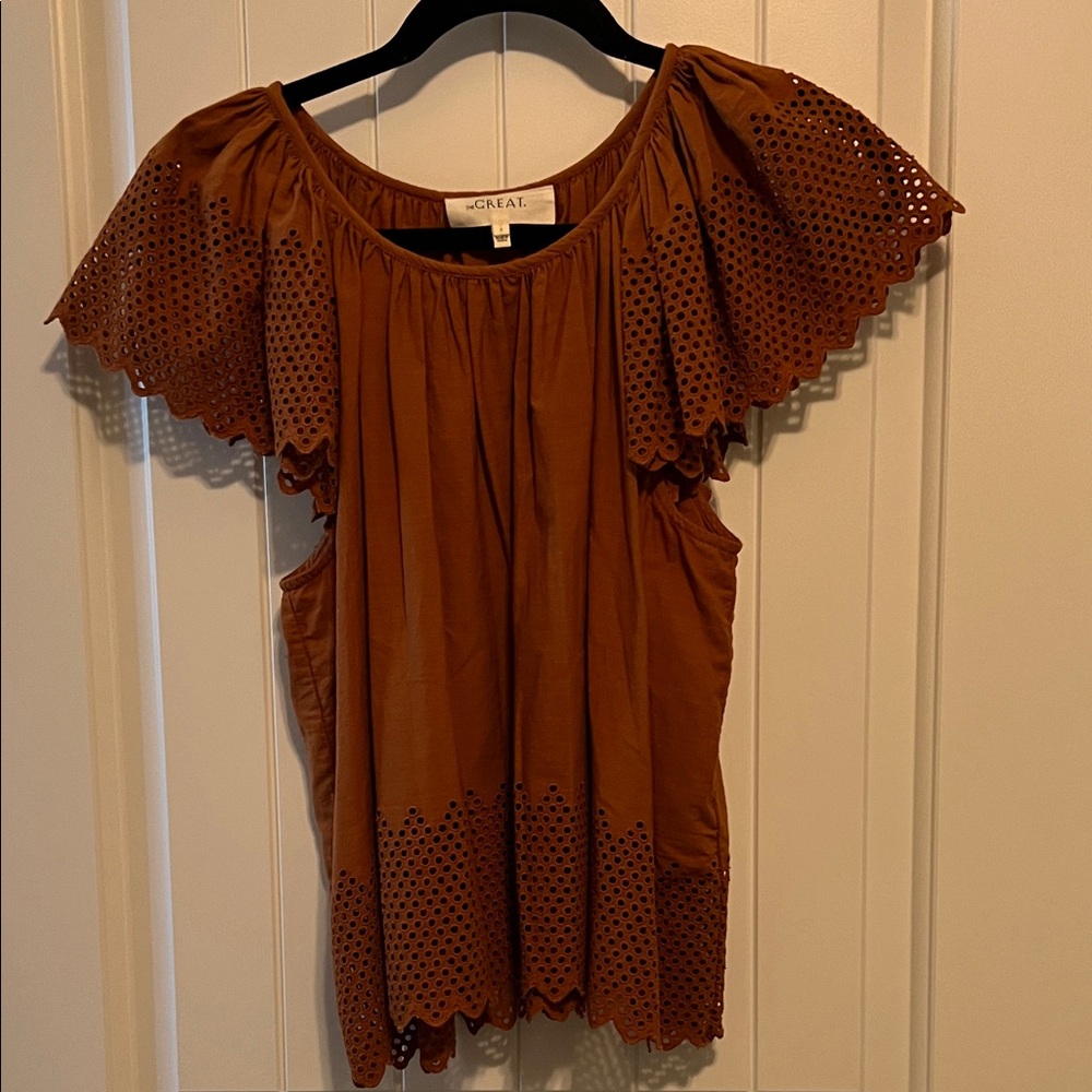 THE GREAT. Flutter Sleeve Brown Eyelet Blouse